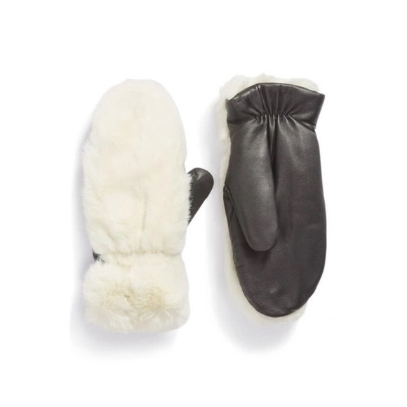 Open Edit Faux Fur & Leather Mittens Ivory - Picture 1 of 4